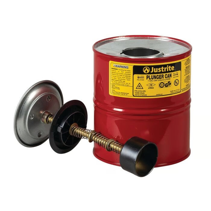 Justrite Flammable Liquid Plunger Can 1 Gallon Steel Plunger Dispensing Can, Perforated Pan Screen Serves as Flame Arrester, Red - 10308 2 Quart Steel Plunger Dispensing Can, Perforated Pan Screen Serves as Flame Arrester, Red - 10208 2LITRE 4LITRE 