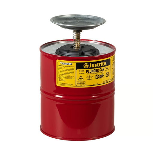 Justrite Flammable Liquid Plunger Can 1 Gallon Steel Plunger Dispensing Can, Perforated Pan Screen Serves as Flame Arrester, Red - 10308 2 Quart Steel Plunger Dispensing Can, Perforated Pan Screen Serves as Flame Arrester, Red - 10208 2LITRE 4LITRE 