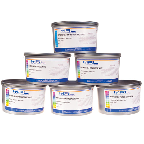 MRL Offset Pantone Inks 871 Gold Metalplus (MI-PG871/1), 872 Gold Metalplus (MI-PG872/1), 873 Gold Metalplus (MI-PG873/1), 874 Gold Metalplus (MI-PG874/1), 875 Gold Metalplus (MI-PG875/1), 876 Gold Metalplus (MI-PG876/1), 877 Silver Metalplus (MI-PS877/1), Basic Transparent White (MI-PTW/1), Basic Opaque White (MI-POW/1), Basic Orange 021 (MI-PO21/1), Basic Red 032 (MI-PR32/1), Basic Rhodamine Red (MI-PRHR/1), Basic Rubine Red (MI-PRR/1), Basic Warm Red (MI-PWR/1), Basic Purple (MI-PP/1), Basic Blue 072 (MI