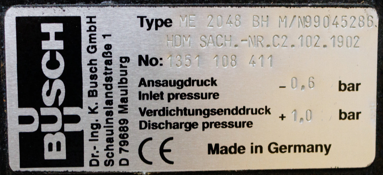 Busch Merlin Vacuum Pump Name Plate